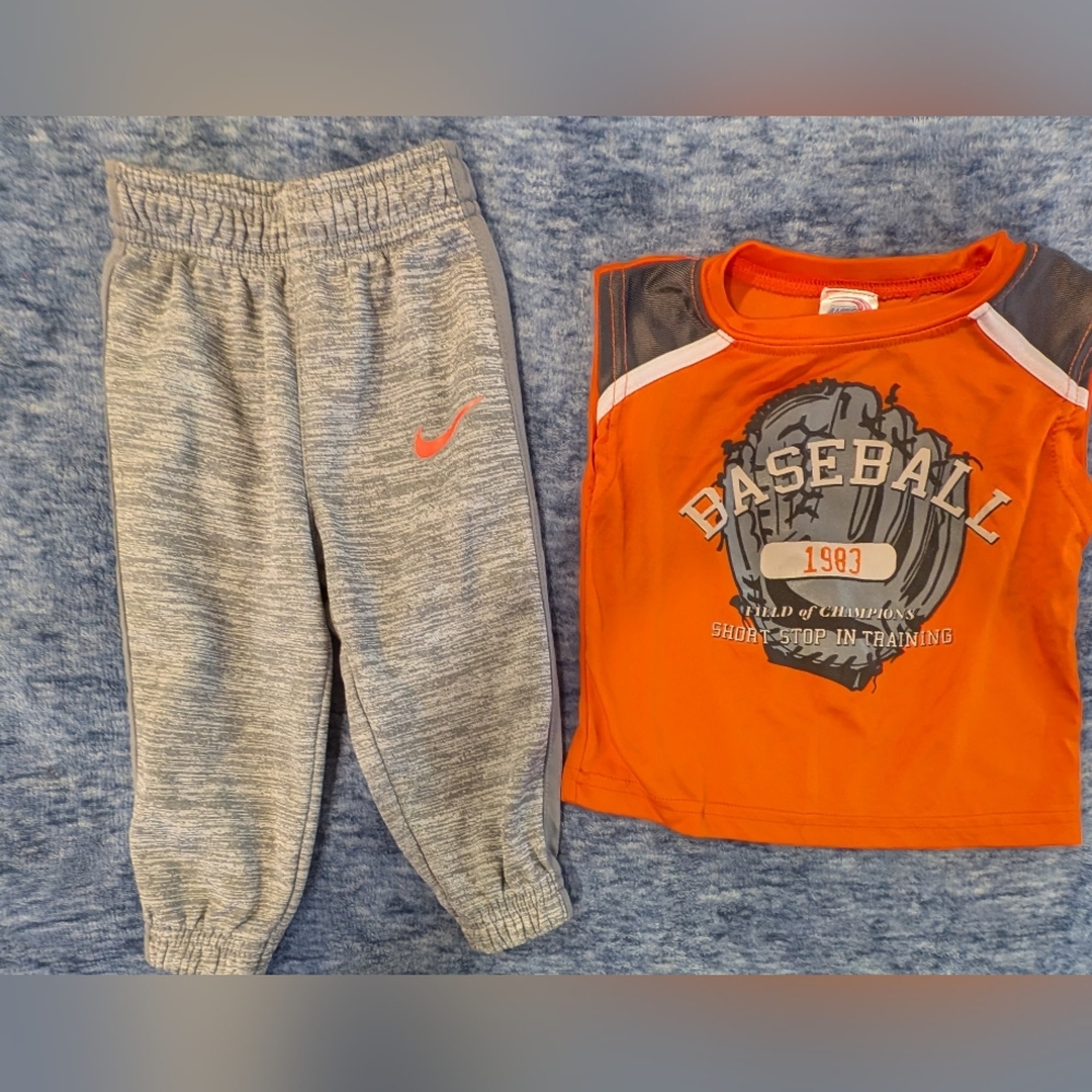 Nike 18M Kids Gray Sweatpants and Orange Baseball Top